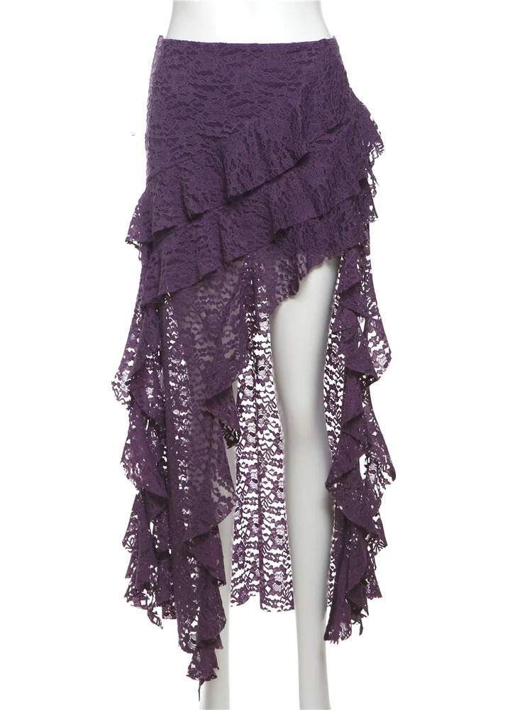 Weird Puss Tassels Women Skirts Chic Irregular Hem MultiLayered Ruffles Lace Patchwork Summer Trend Skinny Versatile Bottoms 250514
