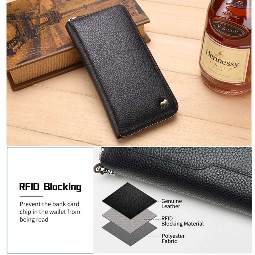 BISON DENIM Brand Genuine Leather RFID Blocking Clutch Bag Wallet Card Holder Coin Purse Zipper Male Long Wallets N8195
