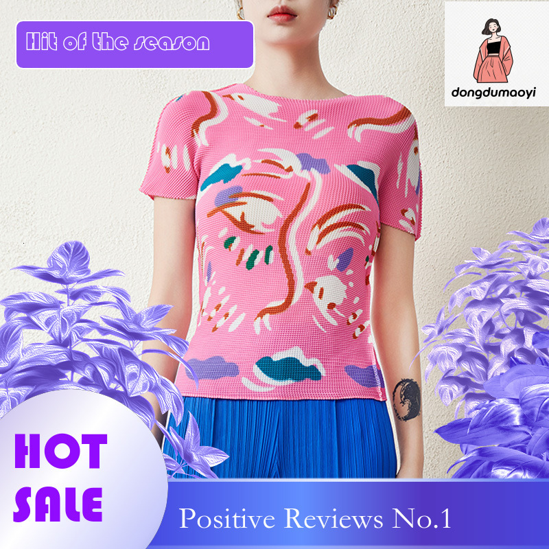 dongdumaoyi High end pleated short sleeved top with women's summer print, slim high elasticity, tight fit, plus size, garden collar, light luxury