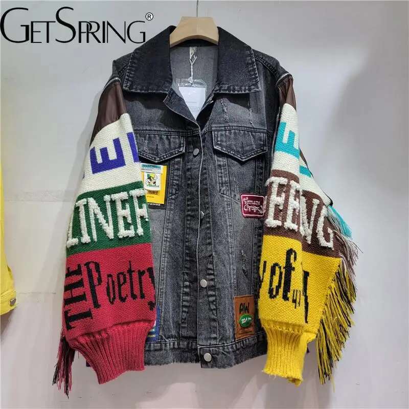 Getspring Women Denim Jacket 2024 Autumn Fashion Letter Sleeve Ing Tassel Knitted Spliced Loose Casual Womens Jean Coat