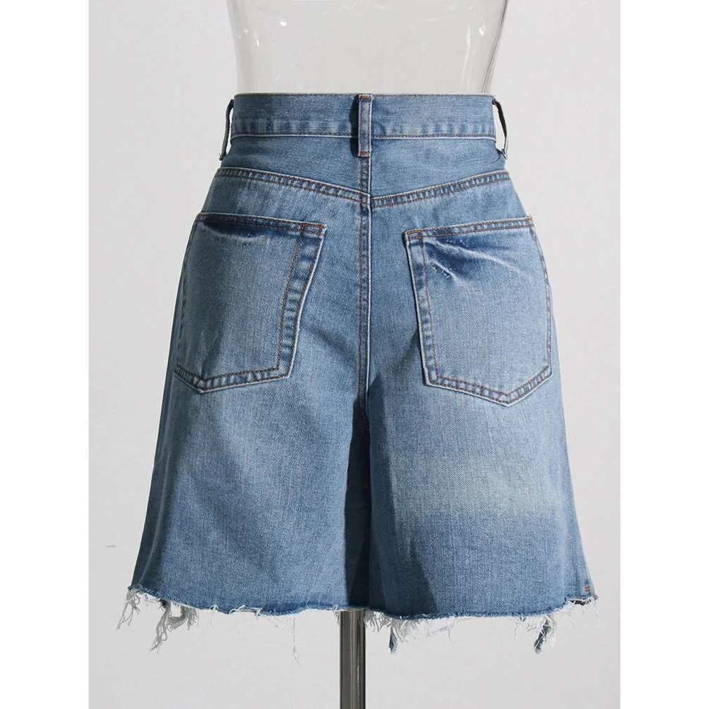 TWOTWINSTYLE Patchwork Ribbons Denim Shorts For Women High Waist Hollow Out Casual Streetwear Short Trousers Female Fashion 2022
