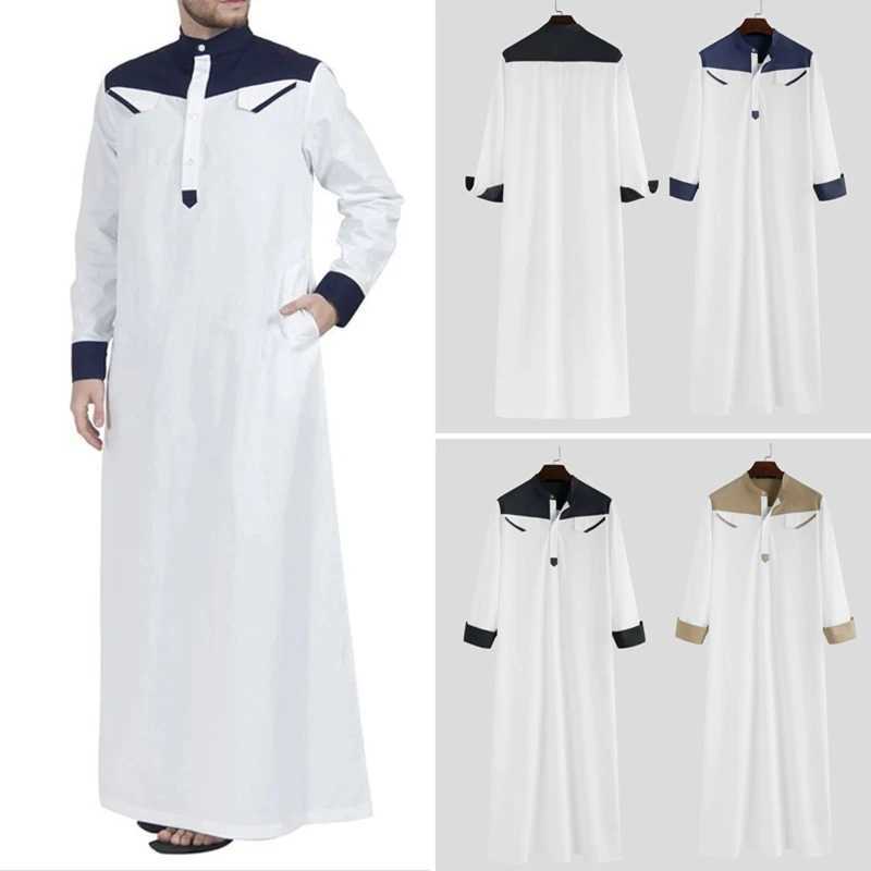 Traditional Muslim Clothing Contrast Color Muslim Dress Middle East Jubba Thobe Men Robe w/ Long Sleeves Mandarin Neck X250514