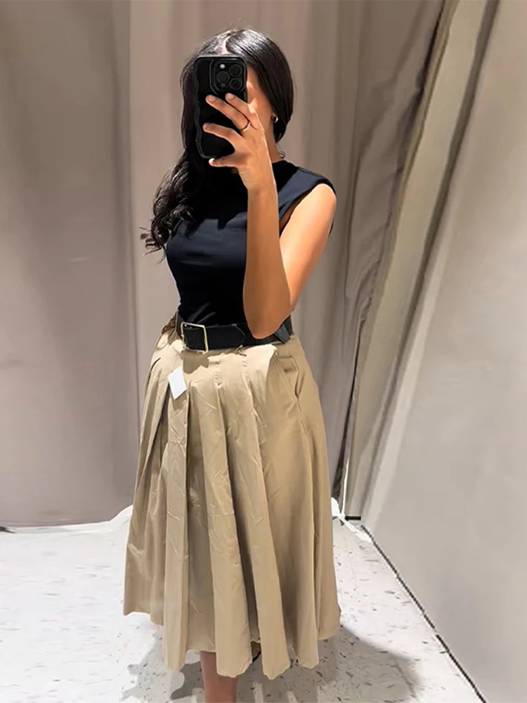 Fashion Patchwork Pleated Long Dress With Belt Women Chic Sleeveless Tank Maxi Midi Lady High Waist Holiday Party Vestidos 250514