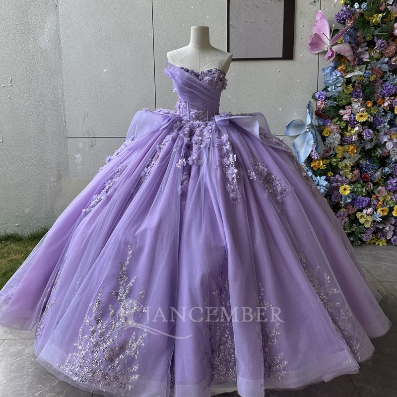 Lavender Shiny Quinceanera Dresses Off Shoulder Ball Gown Sweet 16 Dress Applique Flower Beads Tull Birthday Party Vestidos 15 De Anos