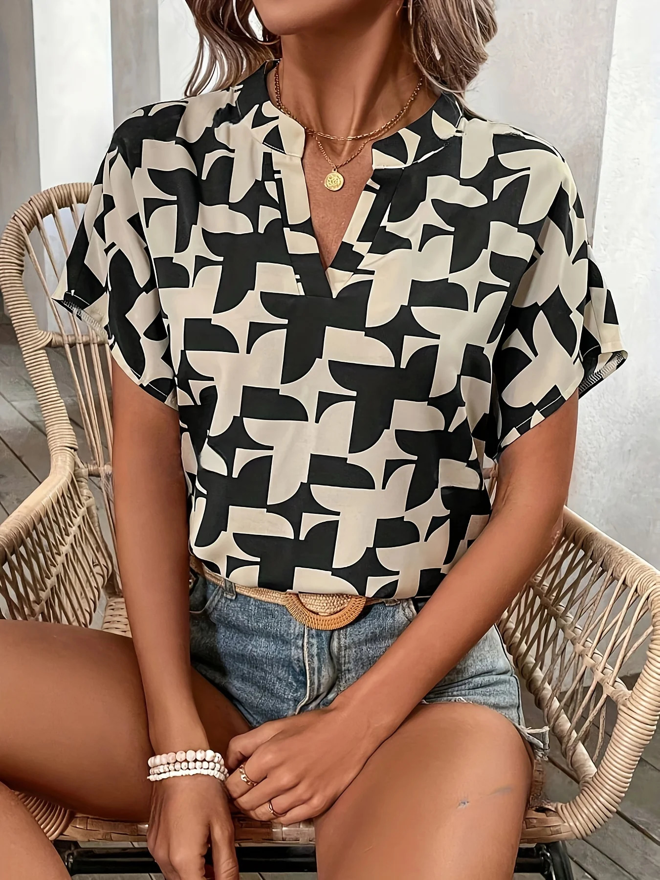 Elegant Summer Womens Print Shirt Casual Office Lady Notched V Neck Batwing Sleeve Blouses Tops 250514