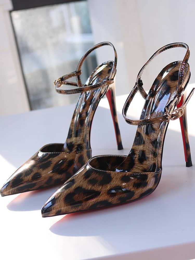 Red background leopard print high-heeled sandals with a straight buckle thin heel pointed toe fashionable and sexy big size 12CM W250514
