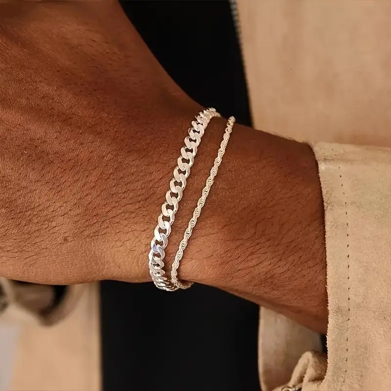 Jewelry Fashion Men's Fried Dough Twists Simple Cuban Chain Two Piece Set Bracelet