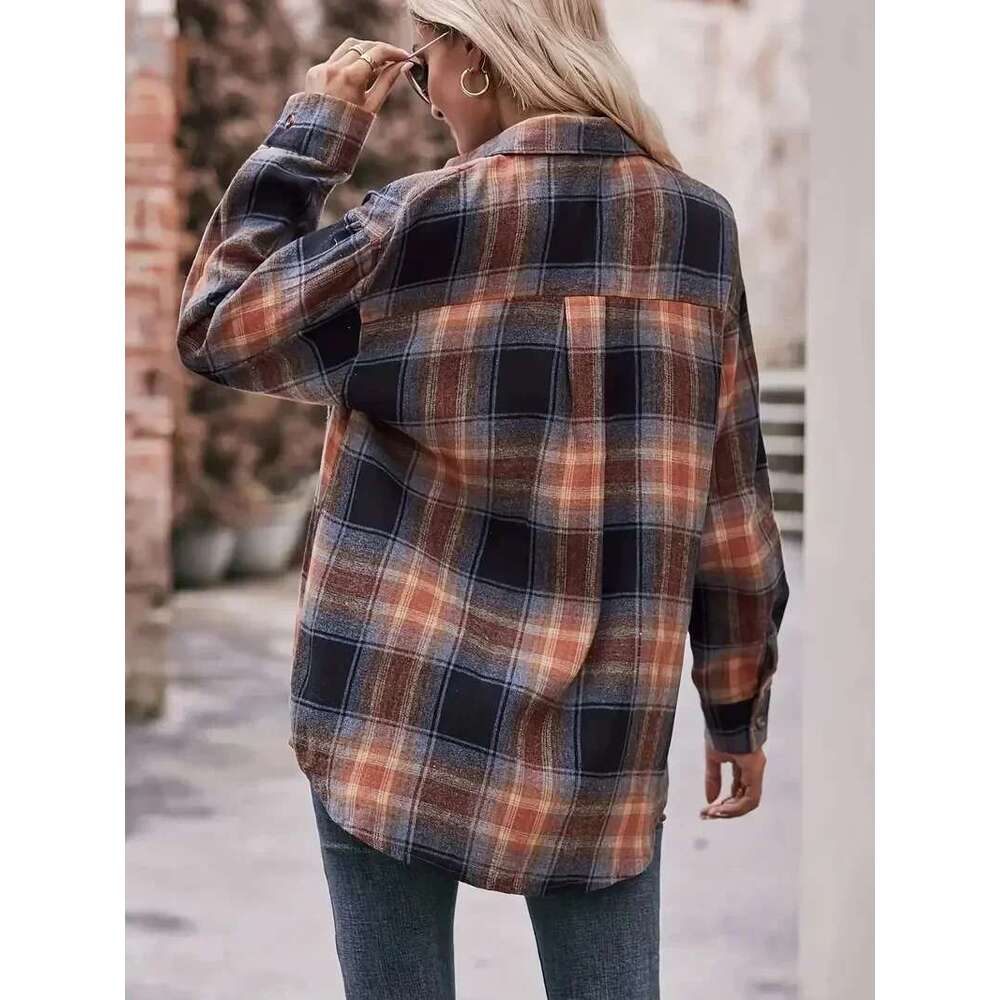 Spring/Summer Plus Size 1XL-5XL Women's Checkered Printed Long Sleeved Flipped Tie Button Commuter Fashion Shirt