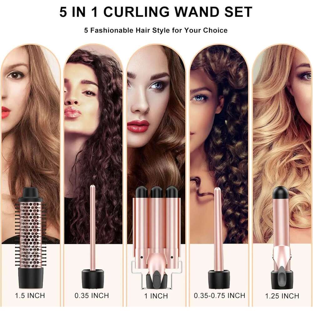 Professional Set 5 in 1 Waver Curling Iron Interchangeable Triple Barrel and Electric Brushes for Hair Tools
