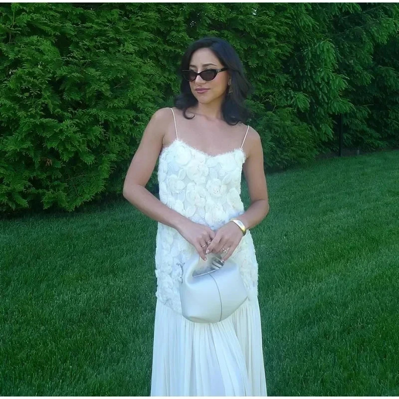 Elegant 3D Flower Long Dress For Women Fashion Patchwork Pleated Sling Party Dresses Female Backless Maxi Evening Robes 250514