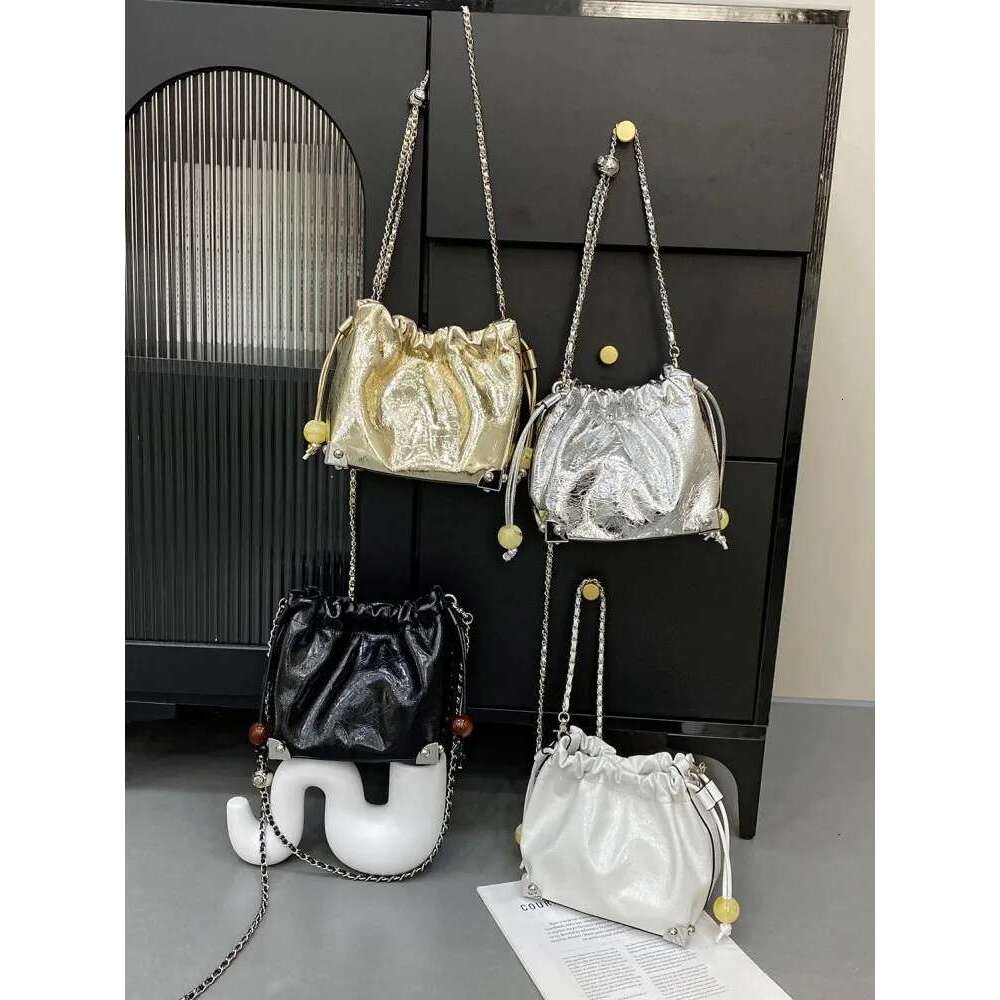 Spring Summer Women Drawstring Small Bucket Cow Split Leather Chain Bag Casual Handbag Ladies Single Shoulder Crossbody Bags