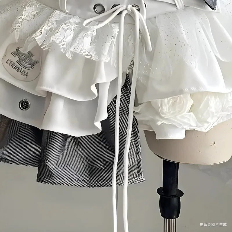 Japanese Sweet White Punk Style Y2k Tube Top Splicing Lace Irregular Tutu Sexy Two-piece Set For Girls 250513
