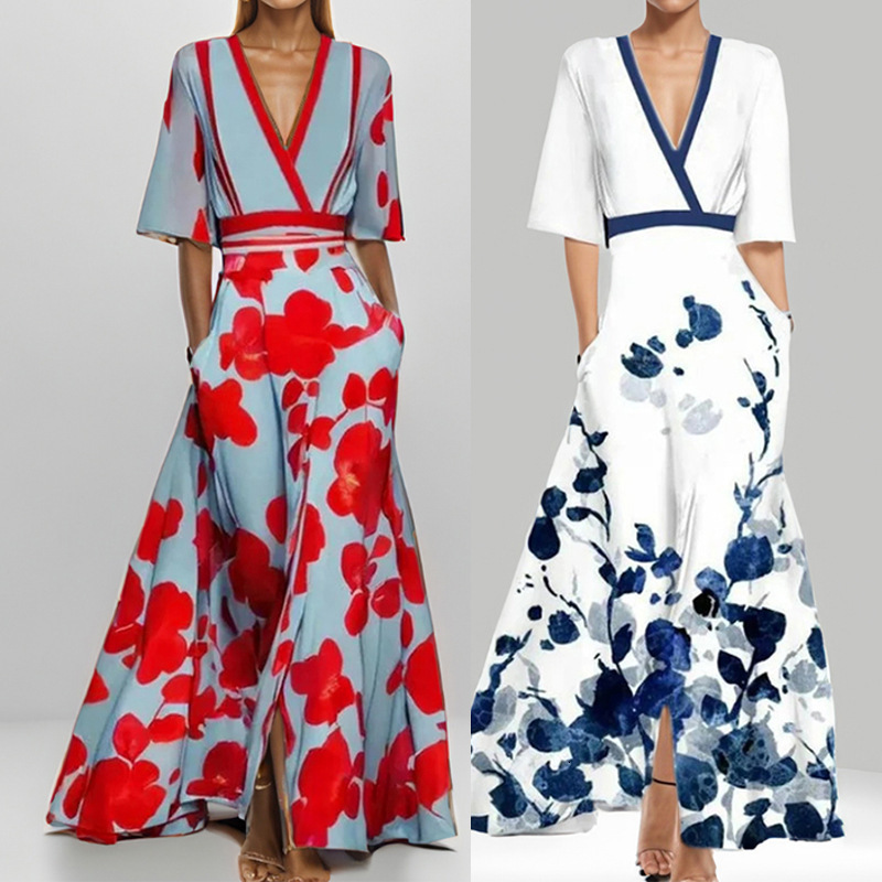 Women Dresses 2025 New Fashionable And Elegant Temperament V-neck Printed Lace Up Big Skirt Dress