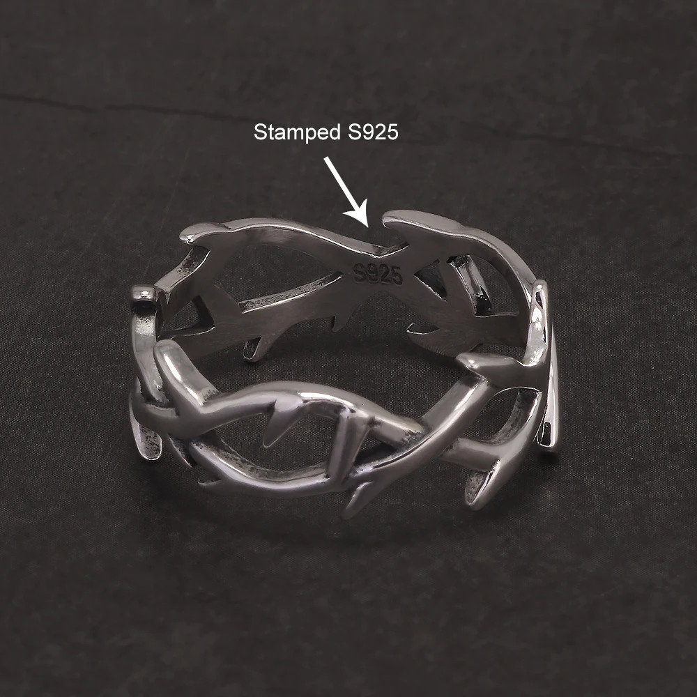 925 Sterling Silver Gothic Thorn Couple Rings for Women Men Punk Retro Cool Spiky Finger Ring Adjustable Hip-hop Y2k Jewelry 250509