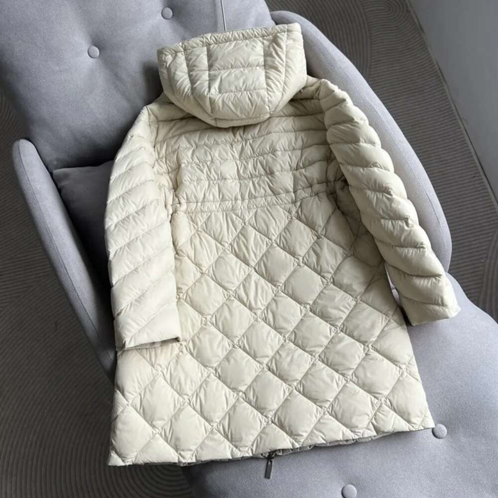 2024 Autumn Winter Slim Hooded Puffer Jacket Women Waistband Lightweight Long White Duck Down Coat Female Casual Solid Parka