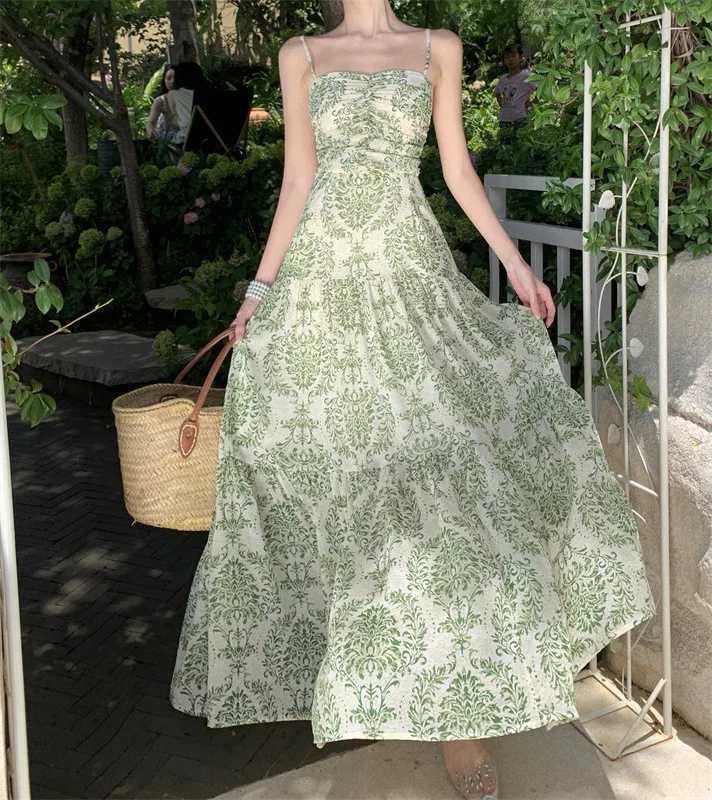 Dress Women Sling Dresses A Line Print Floral Pleated Sleeveless Backless Slim Fit Tight High Waist Long Dresses Elegant SpliceXJ250514