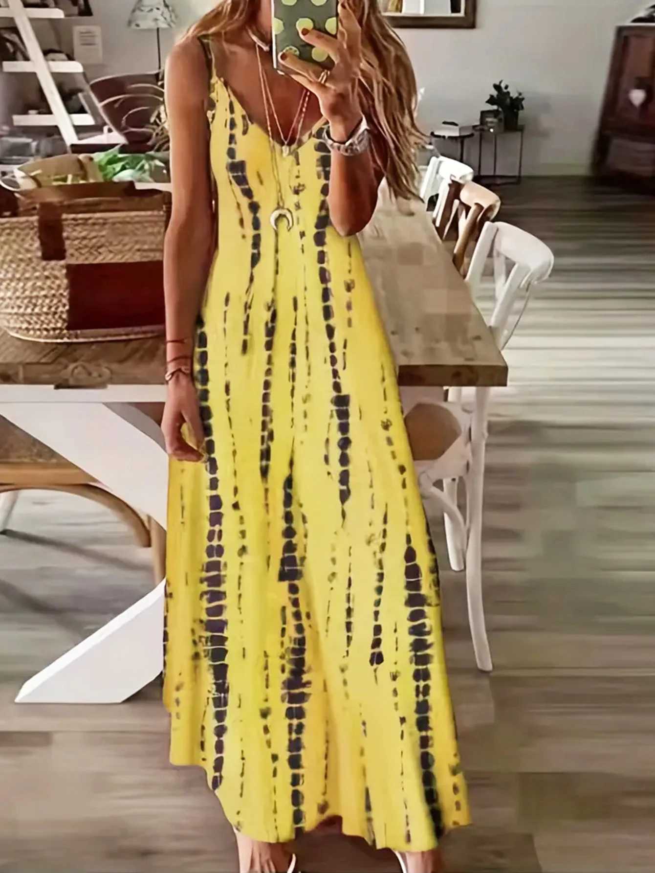 Womens Casual Loose V-neck Tie Dye Printed Spaghetti Maxi Dress Summer Beach Vacation Long DressXJ250514