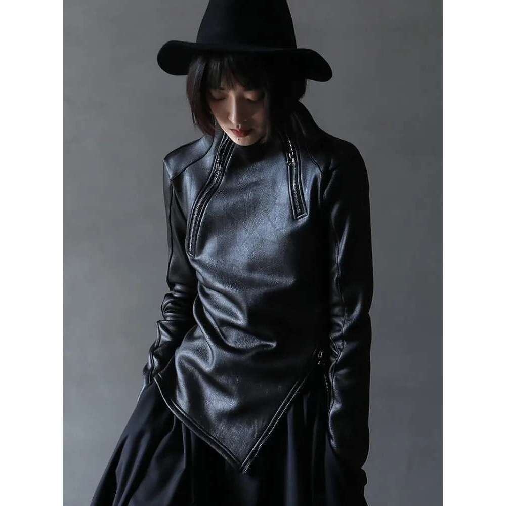 Dark Style Irregular Stand Collar Diagonal Zipper Faux Leather Sweatshirt Female Cool Black Gothic Jacket Fleece Lining Pullover Designer
