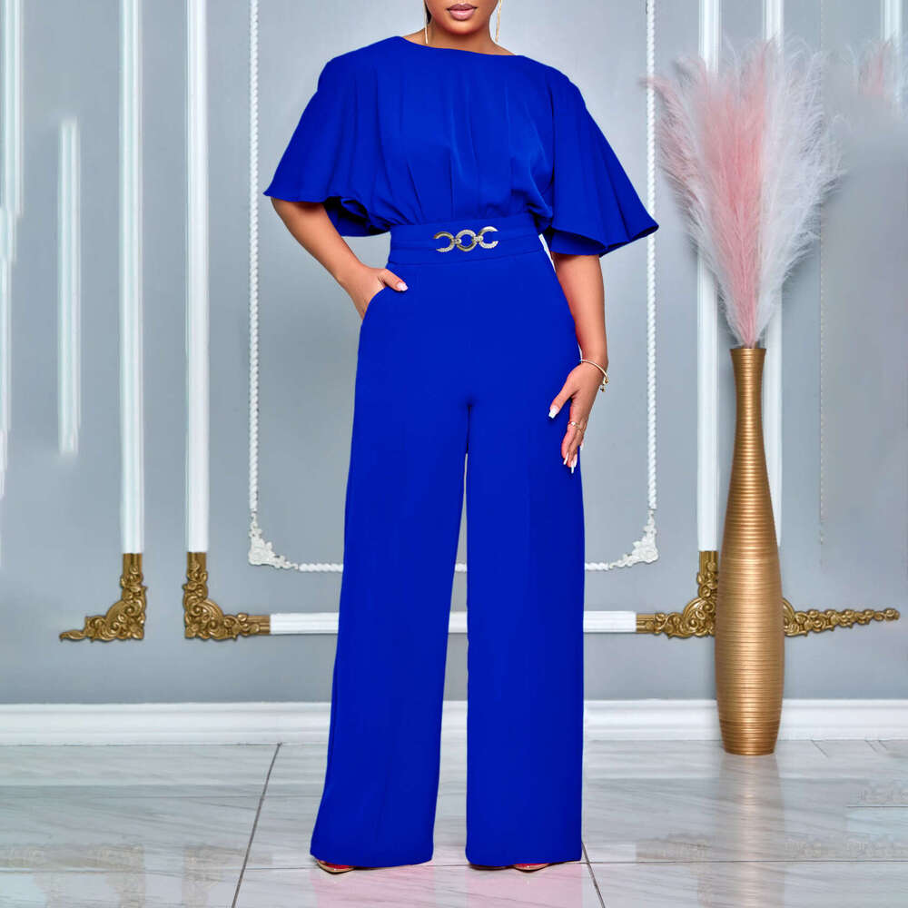 Women's Wear Women's Wear Women's Summer Fashion Round Neck Solid High Waist Large Size Wide Leg Jumpsuit