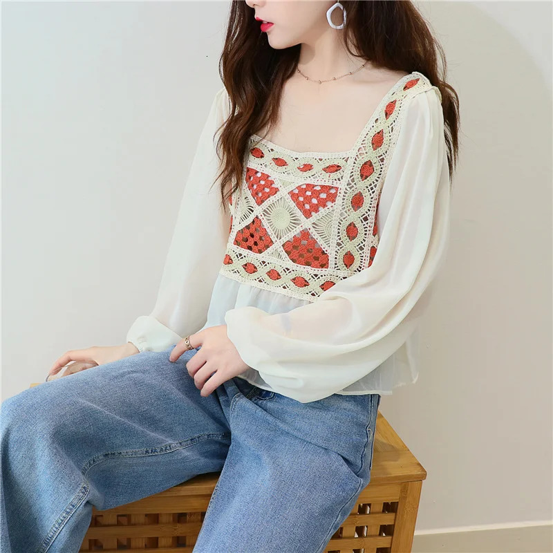 Women Blouse Crochet Knit Square Neck Chiffon Sleeve Geo y Crop Tops Summer Teengirls Fairycore Cottagecore Outfit 250514