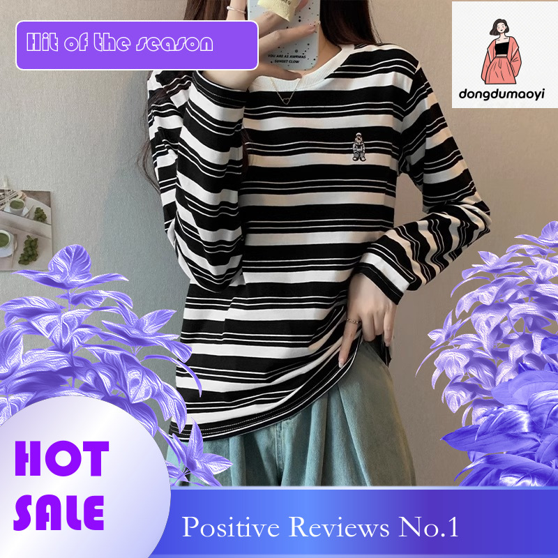 dongdumaoyi Round neck pullover striped T-shirt for women autumn 2024 long sleeved design with a minimalist style embroidered base top