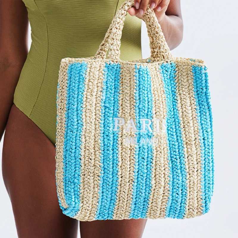 Women Colorful Stripes Fashion Straw Knitting Tote Bag Handwoven Summer Beach Travel Shoulder Bag Casual Bali Big Handbag Purses Z250514