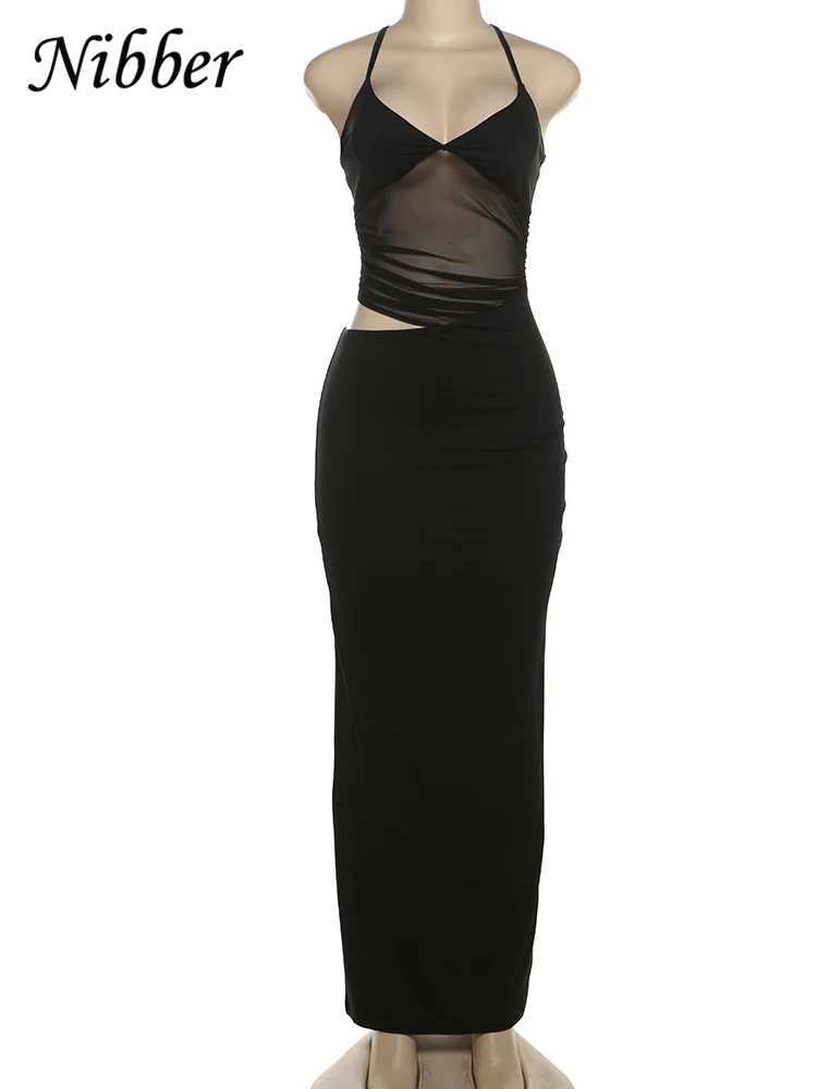 Nibber Mesh Patchwork Dress Women Sexy Backless Hollow Sleeveless 2025 Summer Trend Skinny Stretch Elegant Clubwear Maxi BodyconXJ250514