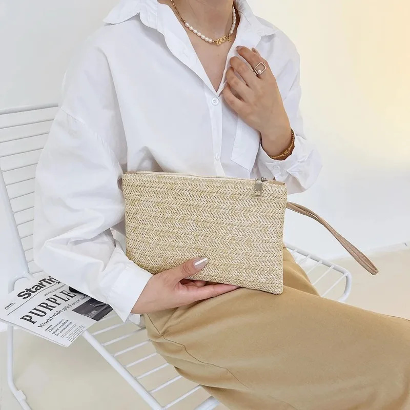 Boho Elegant Straw Handbag Beach Clutch Womens Woven Purse Solid Colour 250514