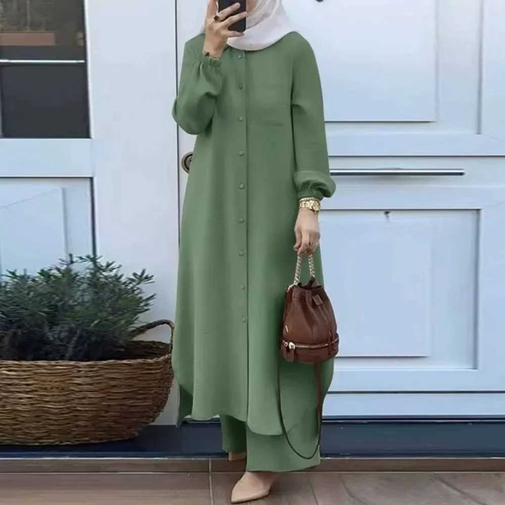 Fashionable Muslim Womens Floral Print Two-Piece Set Long Shirt Wide Leg Pants Spring Autumn Vintage Clothing Ensemble X250514