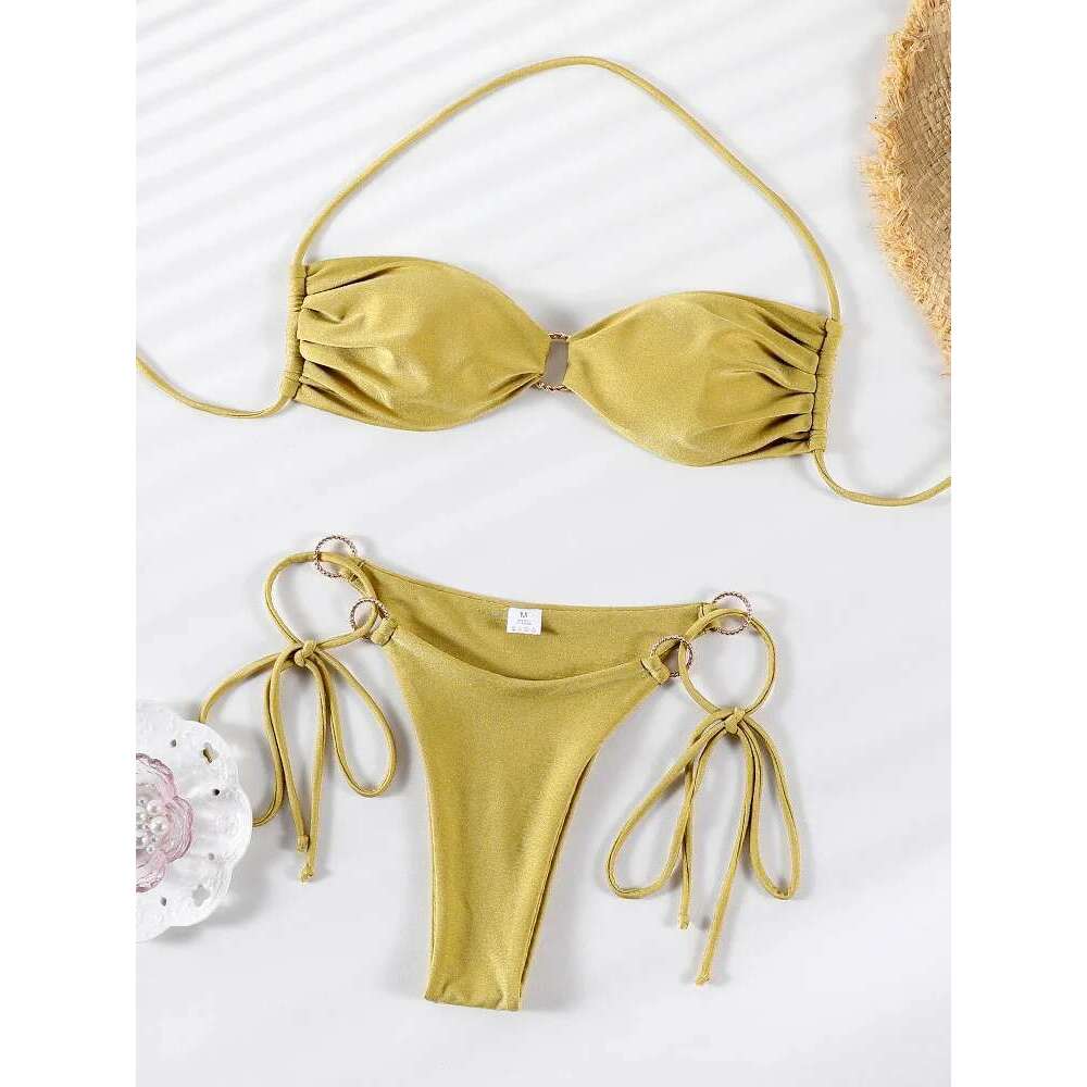 Solid Color Bikinis Swimwear Women Halter Bikini Set Shiny Swimsuit Push Up Bathing Suits Bandage Beachwear Thong