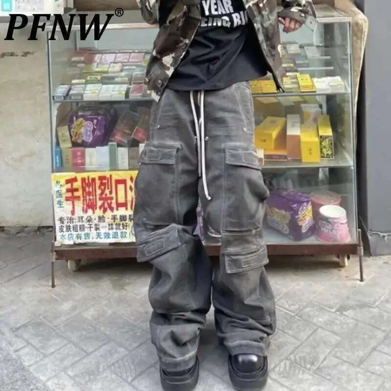 High Street Drawstring Zipper Sliced Wide Leg Cargo Msn's Casual Straight Trousers Loose Denim Pants 28W5963