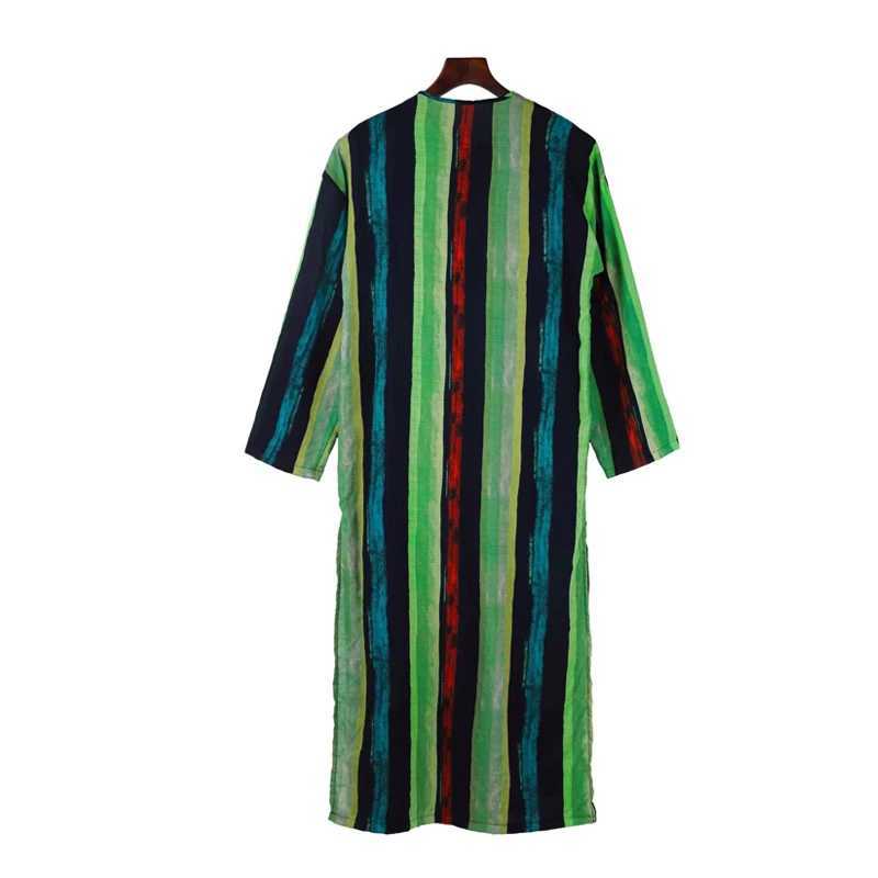 Mens Muslim Robes Striped Printed Long Sleeve Cotton Pockets Robes Button-down Leisure Vintage Islamic Arab Kaftan Dubai New X250514