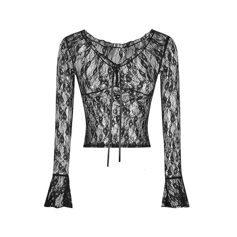 Womens Sexy Black Lace Hollowout Long Sleeve Blouse Korea Deep VNeck Shirt Summer Female BellSleeved Top 250514
