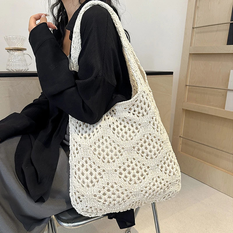 Hollow Woven Knitted Shoulder Bags Retro Travel Shopping Tote Messenger Bag Large Capacity Women Crochet Girls 250514