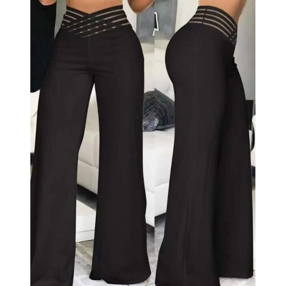 Women Wide Leg Flared Pants Autumn Casual Crisscross Sheer Mesh Patch High Waist Trousers Y2k Streetwear Elegant Work Pant