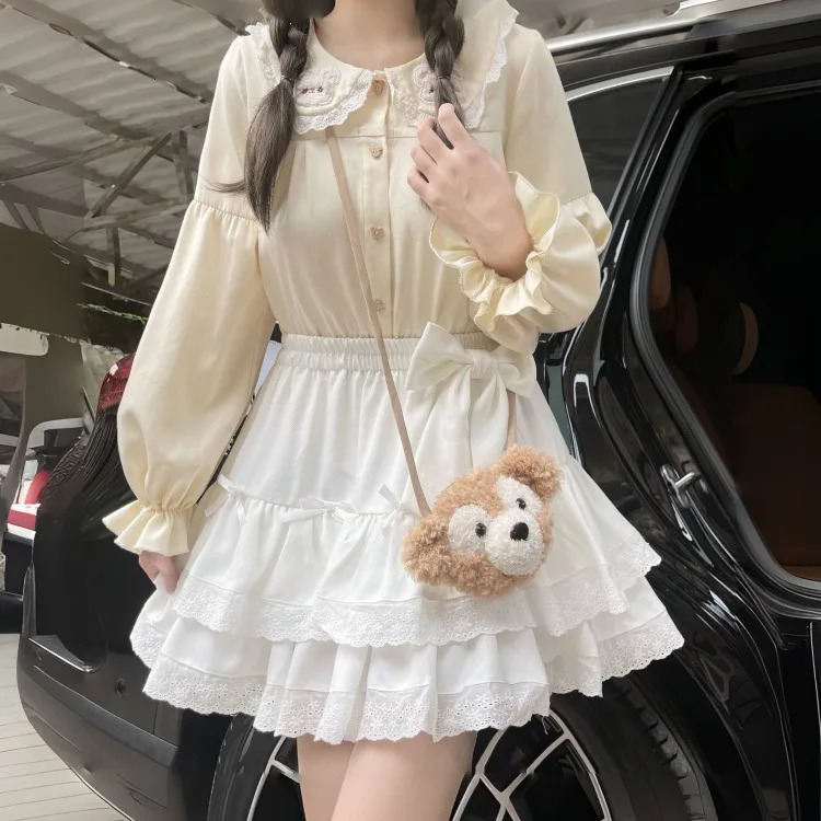 Harajuku Sweet Bow White Lace Skirt Women Y2K High Waist Ruched Cake Skirts Spring Autumn Basic Simple Layered Foldas 250514