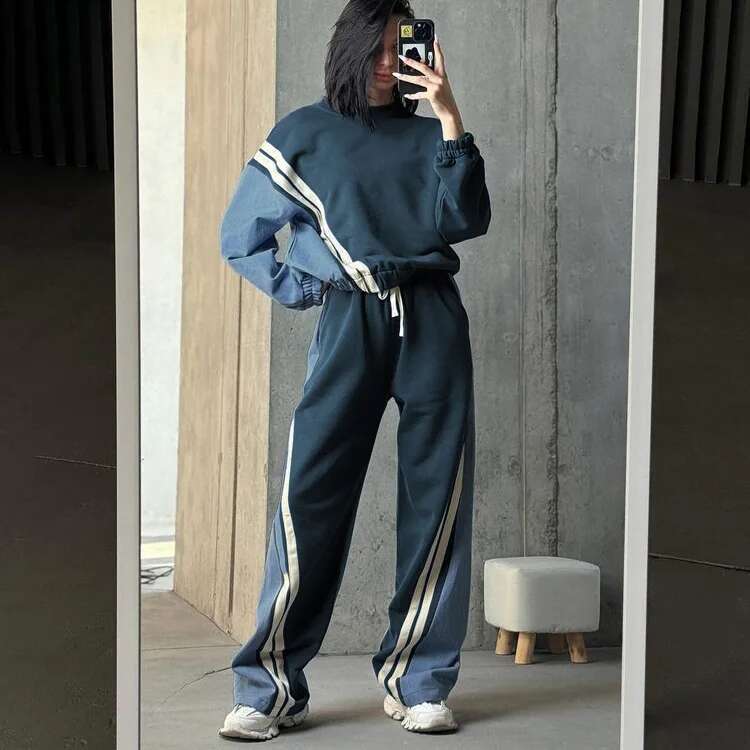 Getspring Women 2024 New Striped Patchwork Full Sleeve Pullover Sweatshirt Drawstring Loose Long Pant Two Pieces Sets