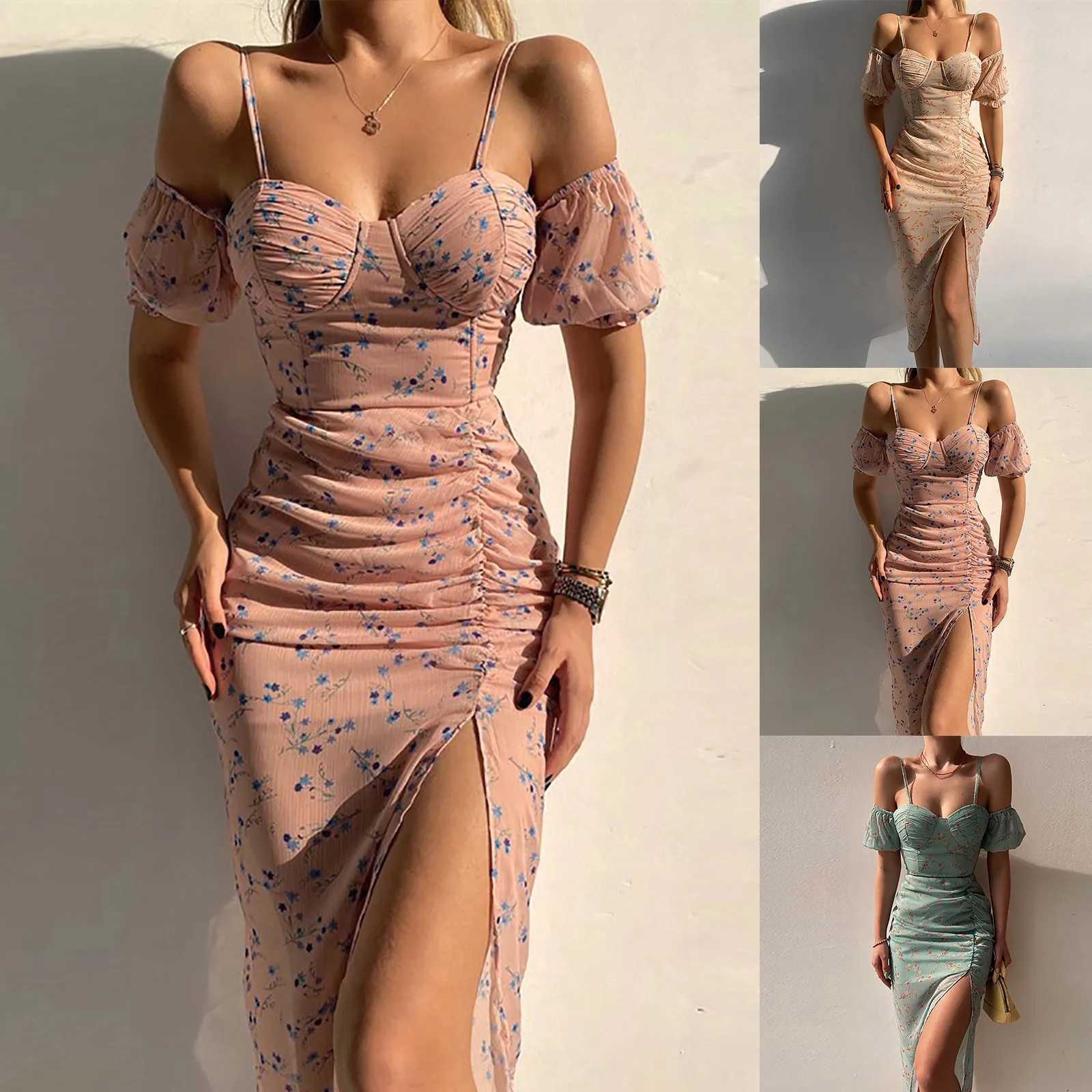 Womens Floral Print Casual Dresses High Waist Wrap Chest Corset Irregular Hem Long Maxi Dresses Elegant Boho Birthday DressXJ250514
