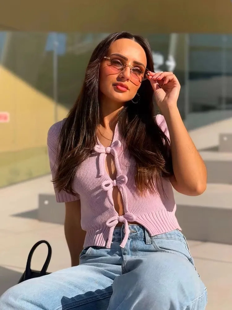 Chic Bow Knitted Short Texture Top Women Fashion Turn Down Collar Hollow Cardigan Knitwear Summer Shortsleeved Tops 250514