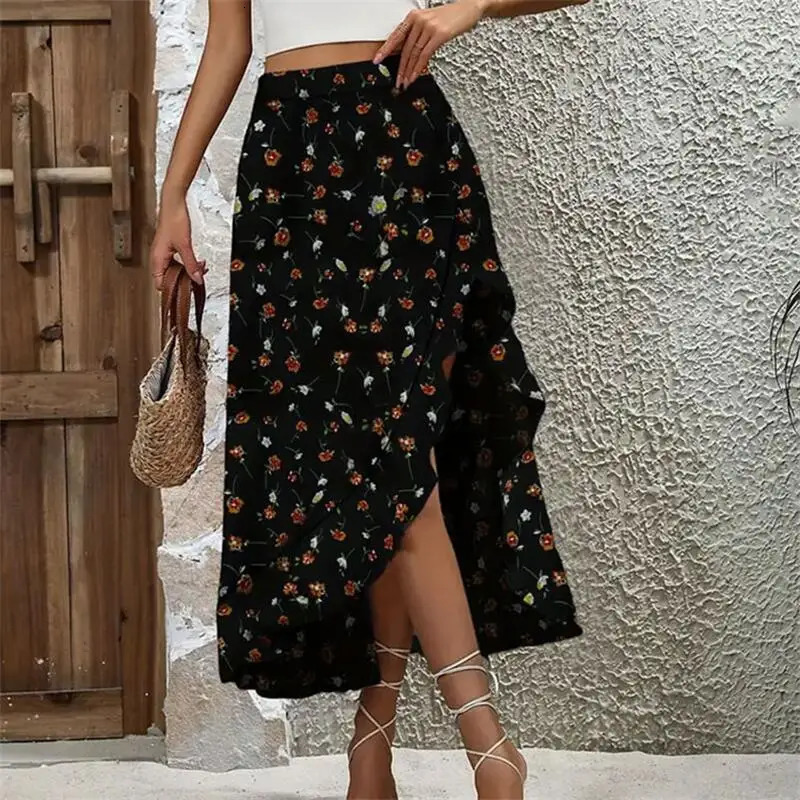 Womens Ruffle Edge Irregular Half skirt Elegant and Hanging Dress Fashionable Summer Midi Floral Print Beach 250514