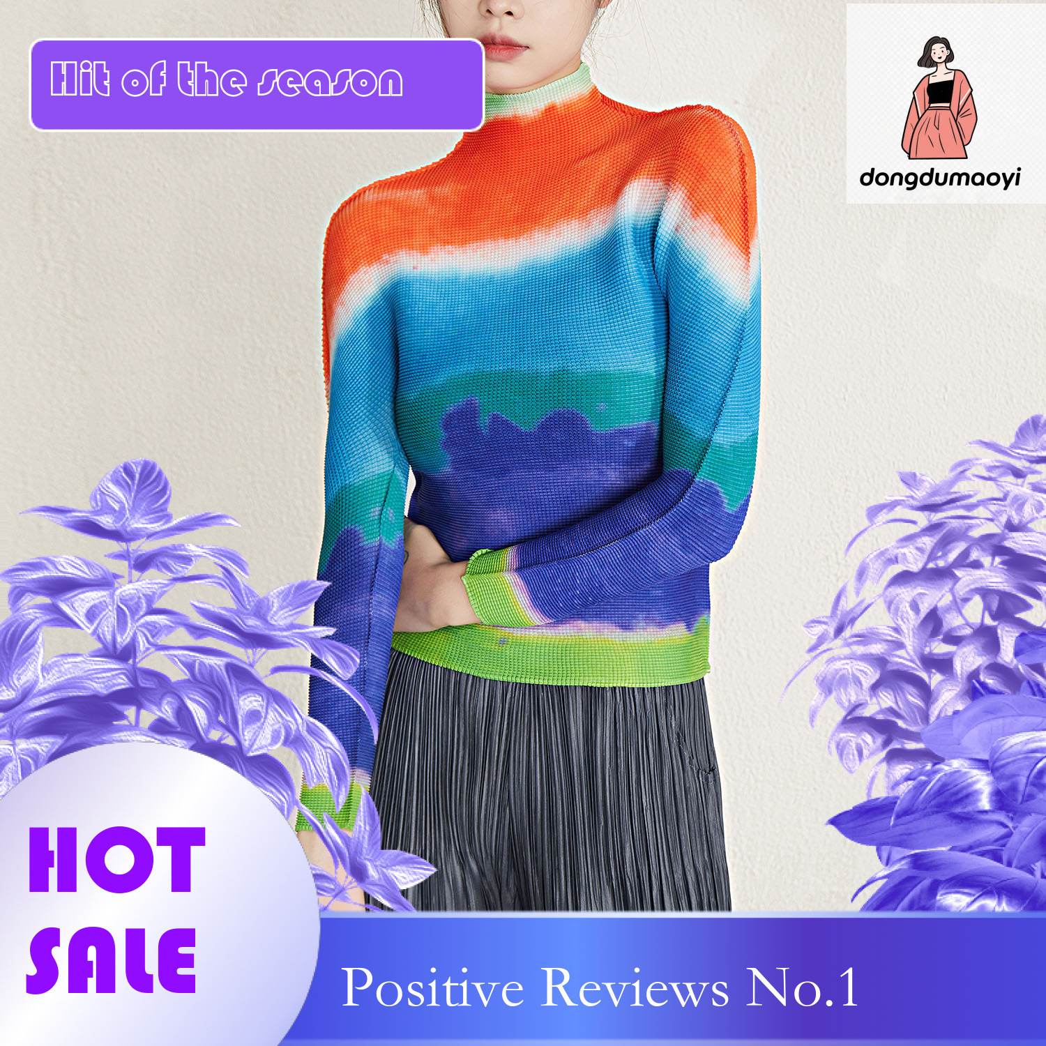 dongdumaoyi Wrinkled top abstract sunset print top, long sleeved T-shirt for women, new slim fit, slimming temperament, and stylish small shirt