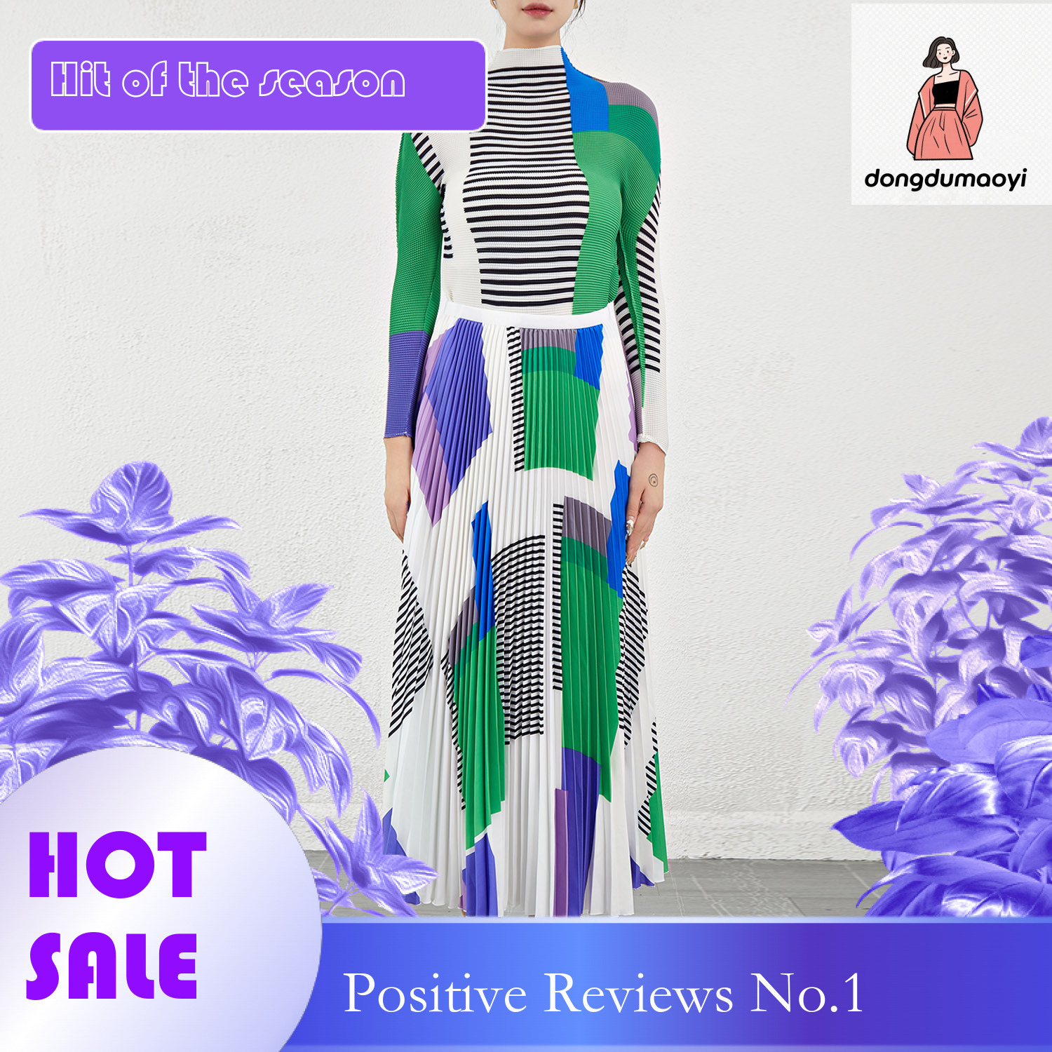 dongdumaoyi Spring and Autumn Fashion Folded T-shirt High Collar Half Skirt Women's Two Piece Set Ins