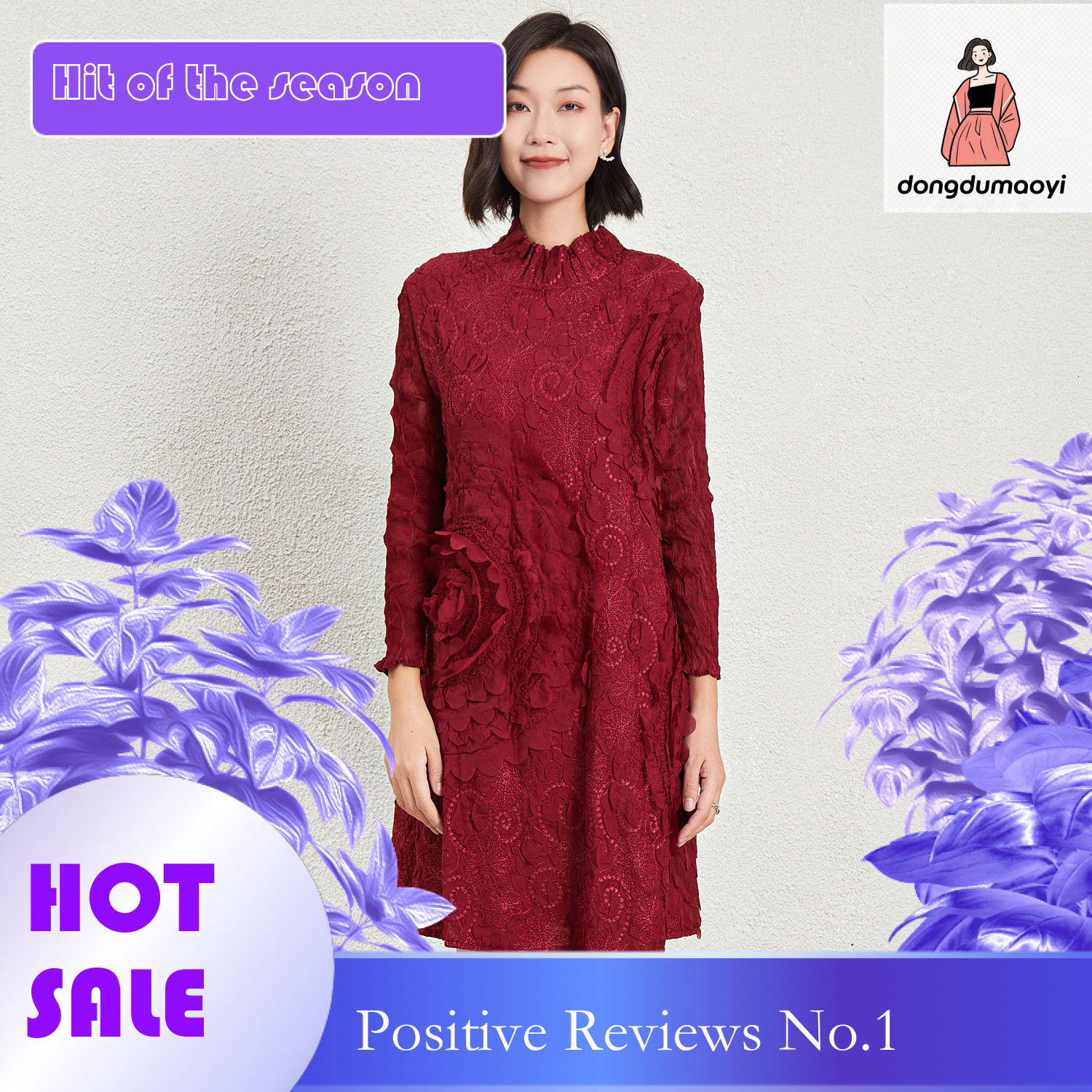 dongdumaoyi Miyake dress early autumn new loose socialite style long sleeved semi high neck mid skirt pullover embroidered large swing