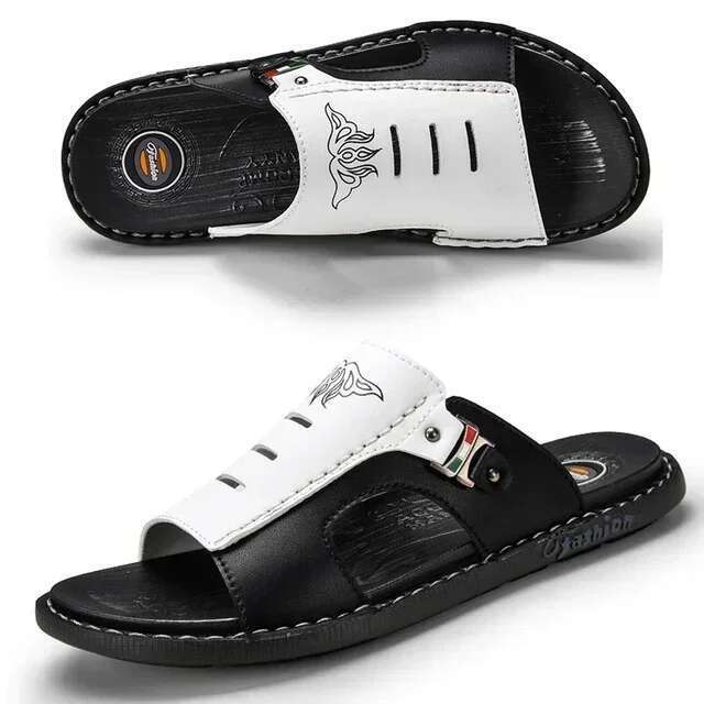 Men's Summer New Non-slip Wear-resistant Beach Shoes Leather Casual Sandals Slippers Slides Men