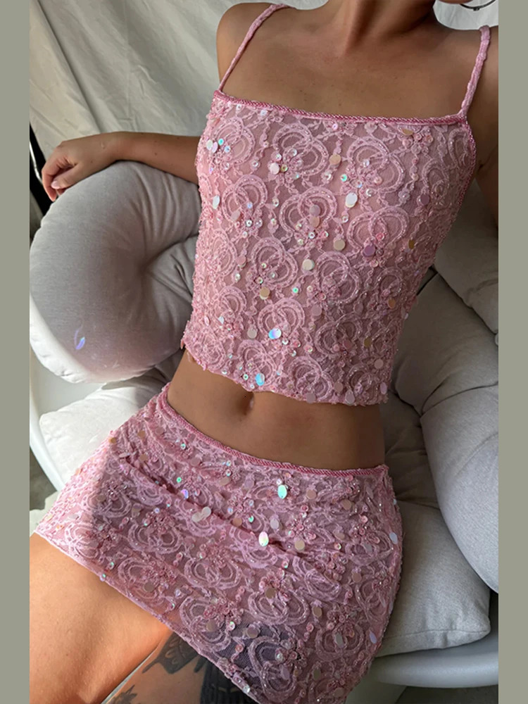 Sexy Sequined Shorts Sets Women Glitter Sling Camisole Slim Crop Tops A Line Mini Skirt 2025 Summer Vacation Beach Outfits Lady 250513