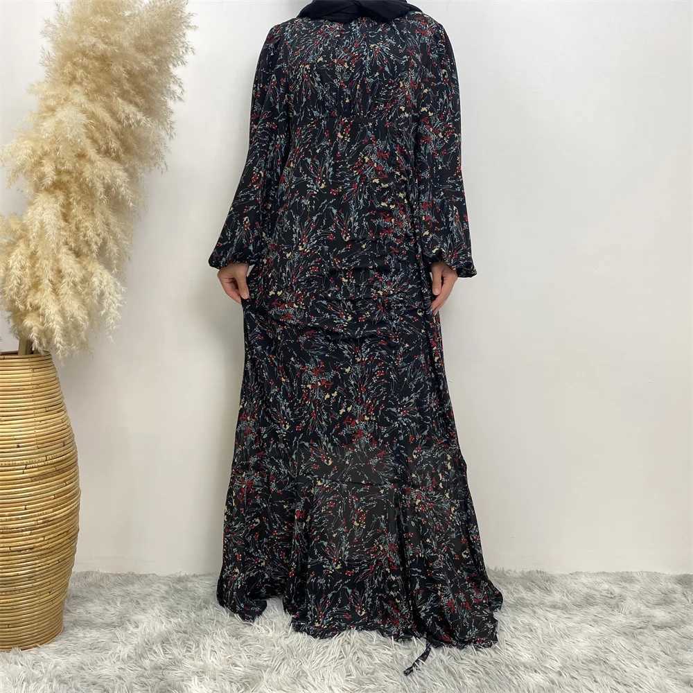 Muslim Womens dress Casual print bark crepe long dress Zipper collar long slves loose Muslim maxi dress X250514