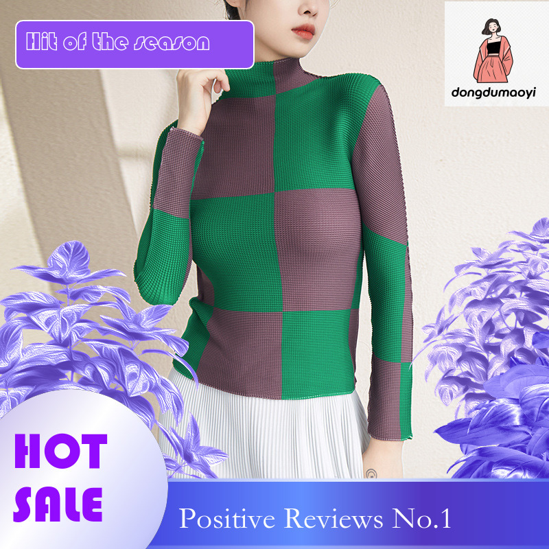 dongdumaoyi Long sleeved base shirt for women's spring and autumn 2024 new slim fit printed checkered pleated half high neck top