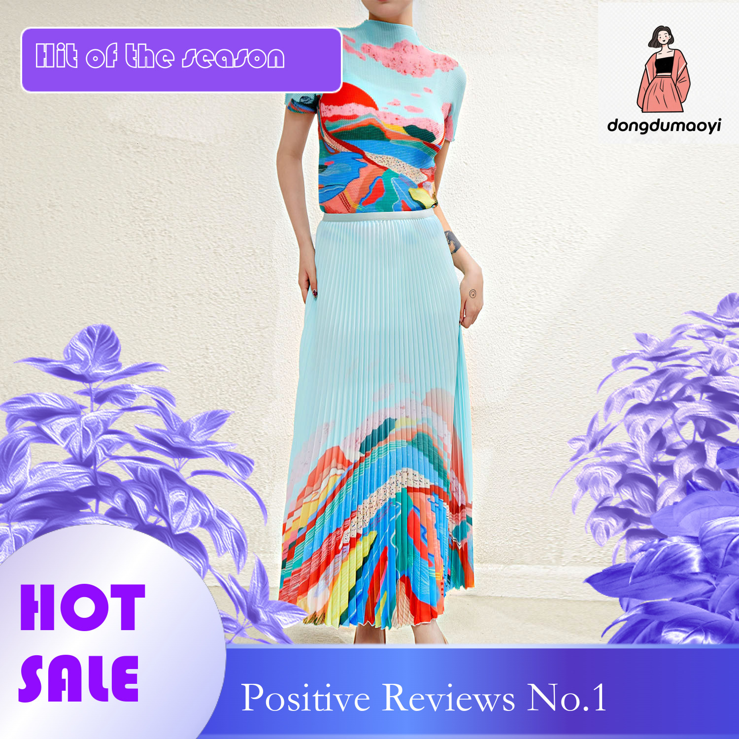 dongdumaoyi Miyake printed T-shirt, women's summer new style, pleated half skirt, small fashionable, age reducing and stylish two-piece set