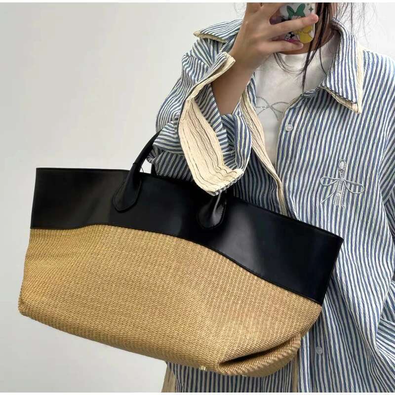 Genuine Leather Straw ing Contrast Color Large Capacity Handbag Brand Tote Commuter Wing-shaped Storage Bag