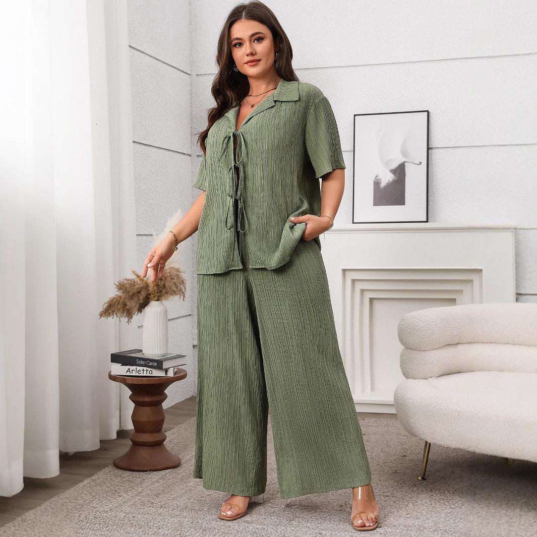 Fashion womens clothing 2025 spring and summer temperament casual short sleeved top knitted pants set